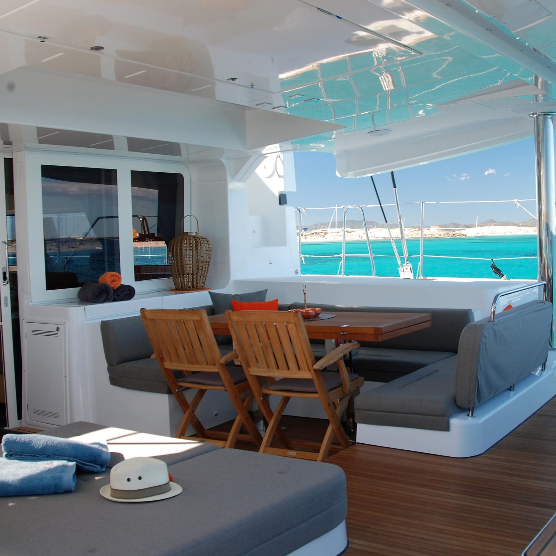 Outdoor living space on a luxury yacht in the Caribbean