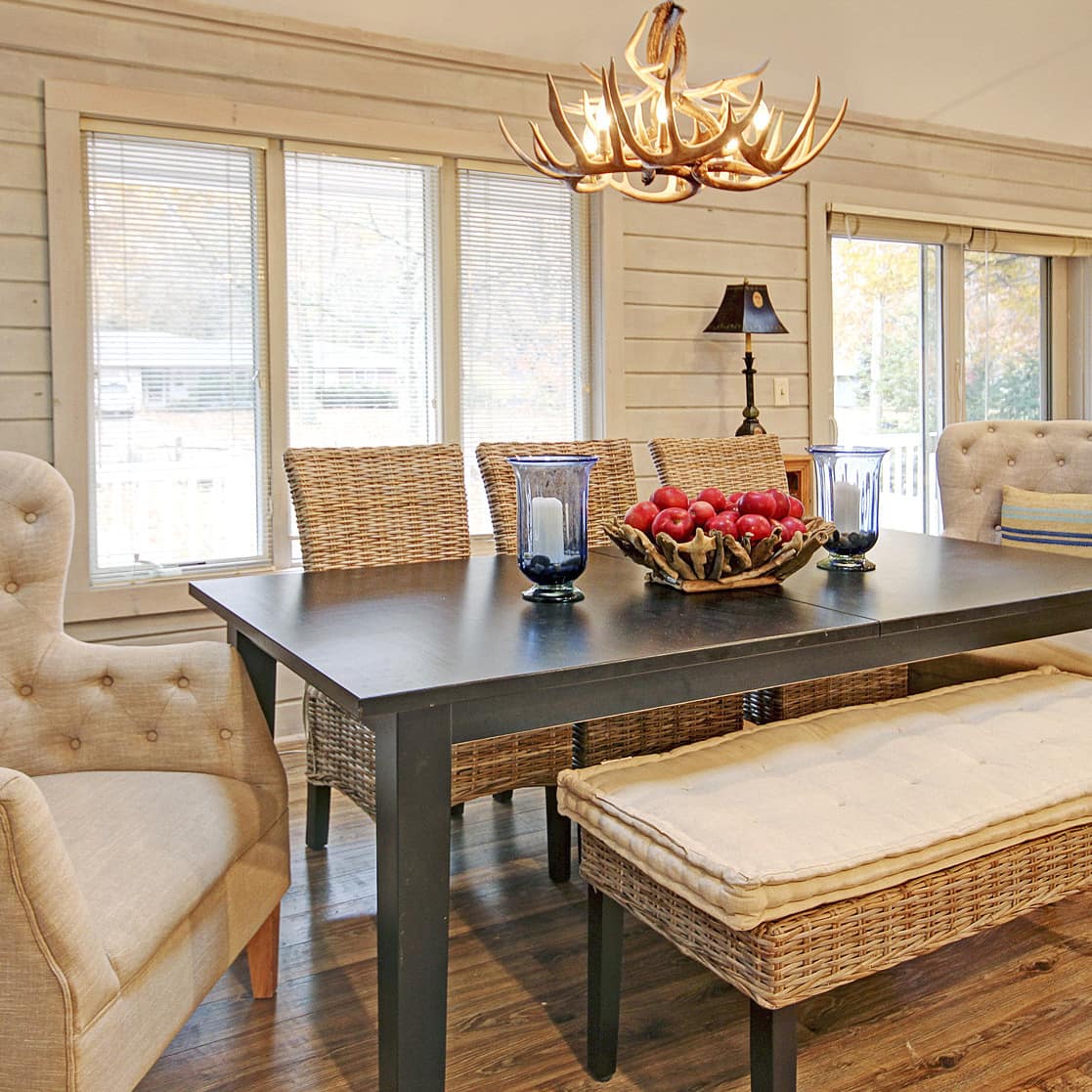 Stylish luxury cabin in Michigan with antler chandelier