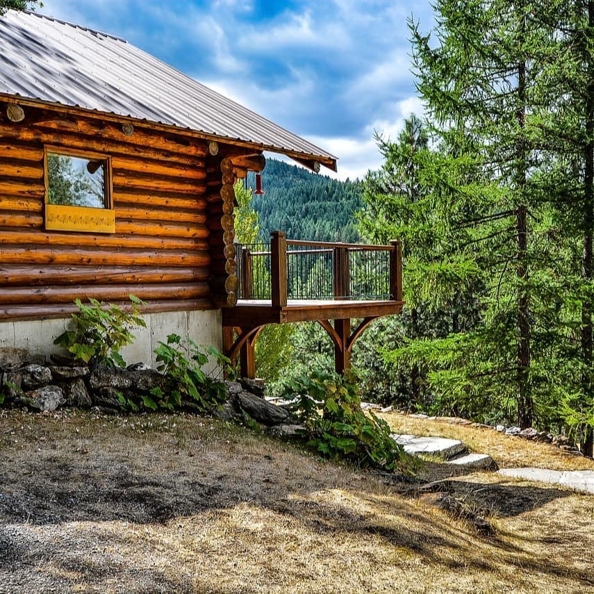 Rustic log cabin surrounded by trees